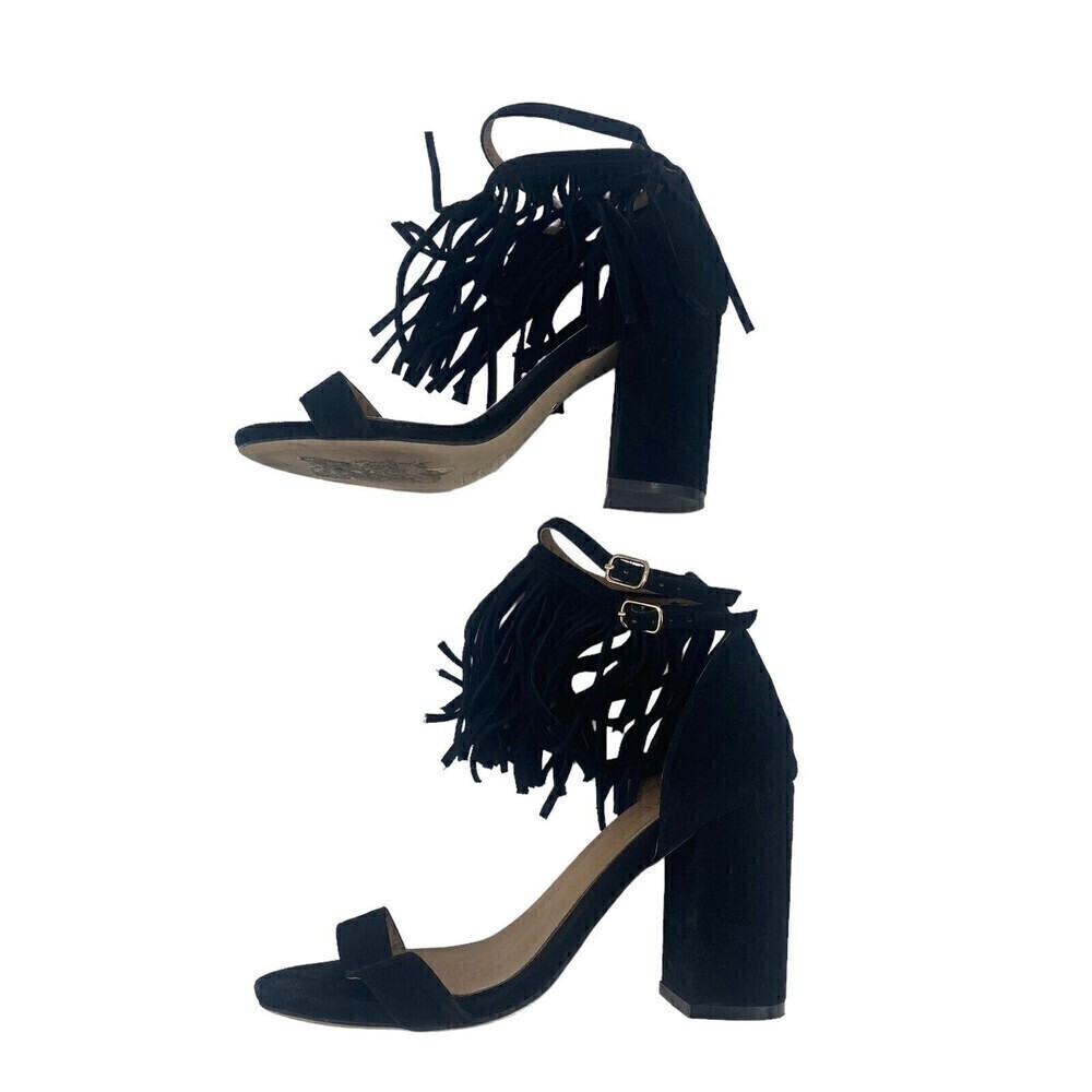 RAYE Revolve Loni Heel in Black Fringe Ankle Strap Suede Size 5